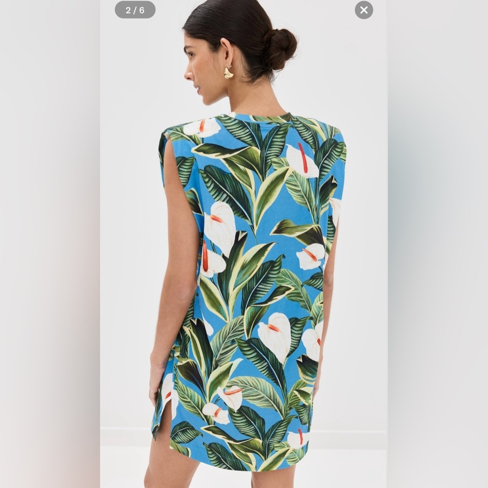Farm Rio Anthurium Garden Blue Mini T-Shirt Dress - NWT - Picture 2 of 9